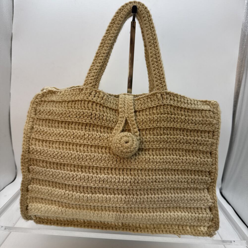 Vintage OOAK Homemade Granny Core Crochet Purse Handbag Beige & Tan